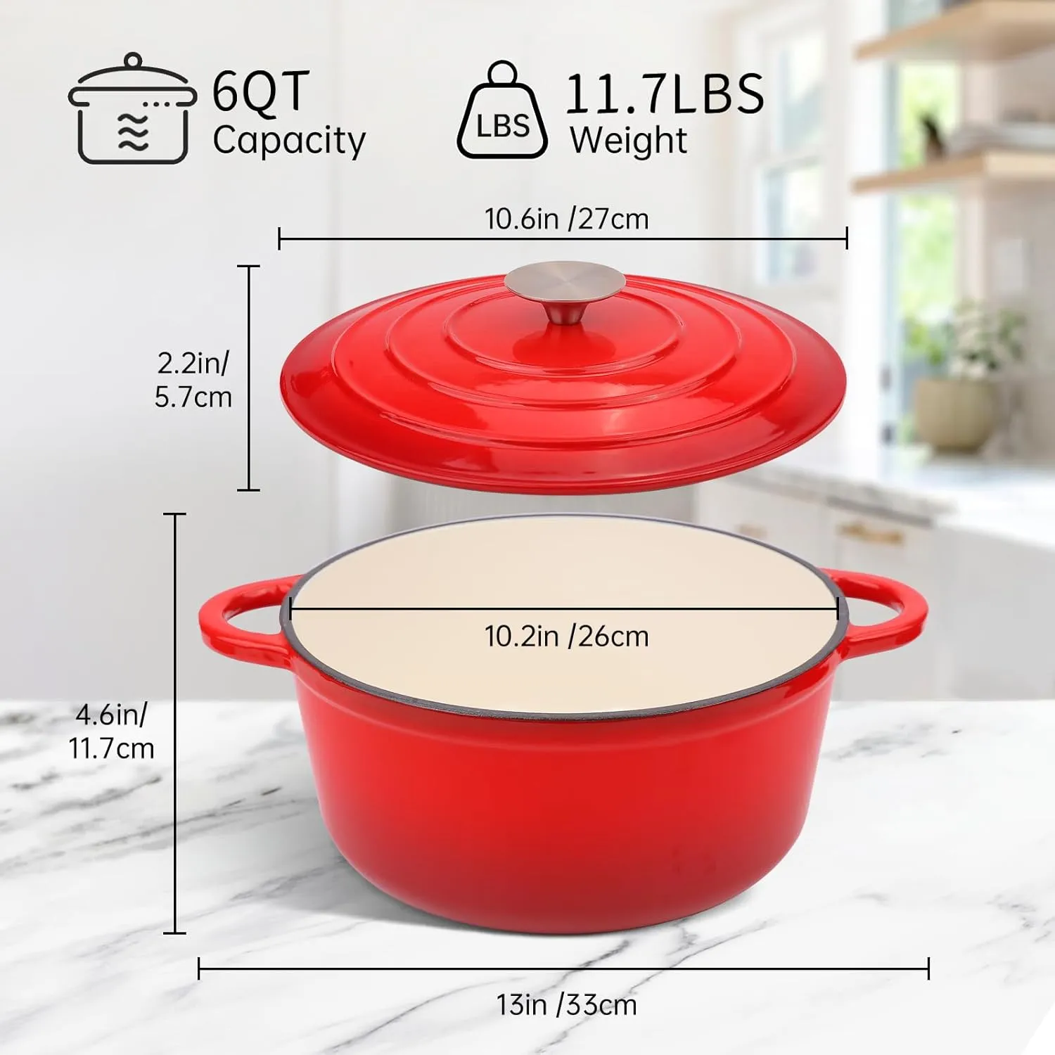 6 Quart Enameled Cast Iron Dutch Oven Pot with Lid, Oven Safe up to 500°F or on Stovetop, Non-stick Dutch Oven for Bread Baking, Cooking, Dual Handles Cookware, Crimson Red