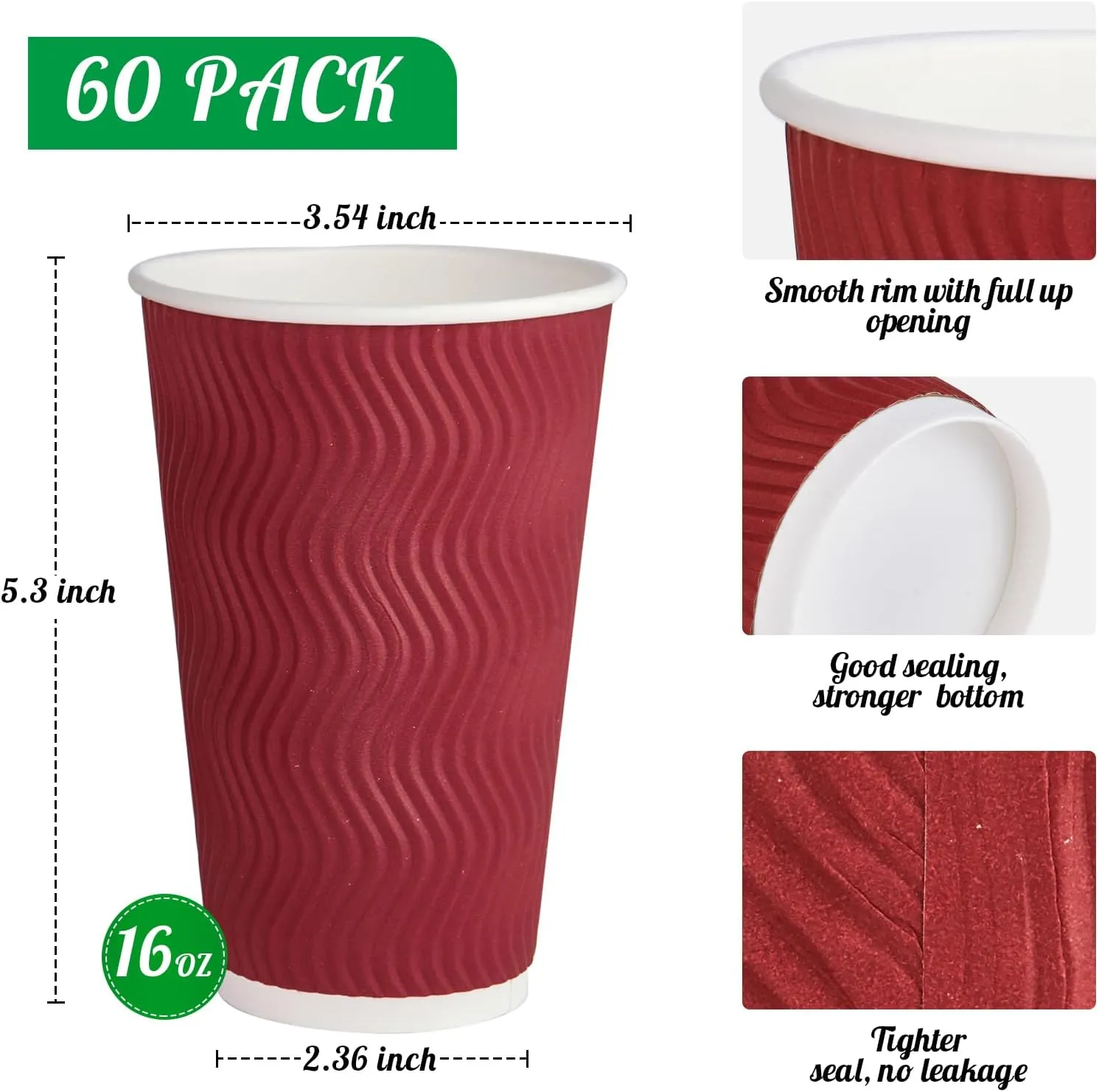 60 Pack 16 oz Paper Coffee Cups, Wine Red Disposable Beverage Cups with Insulated Ripple Wall for Coffee, Tea, and Hot Chocolate