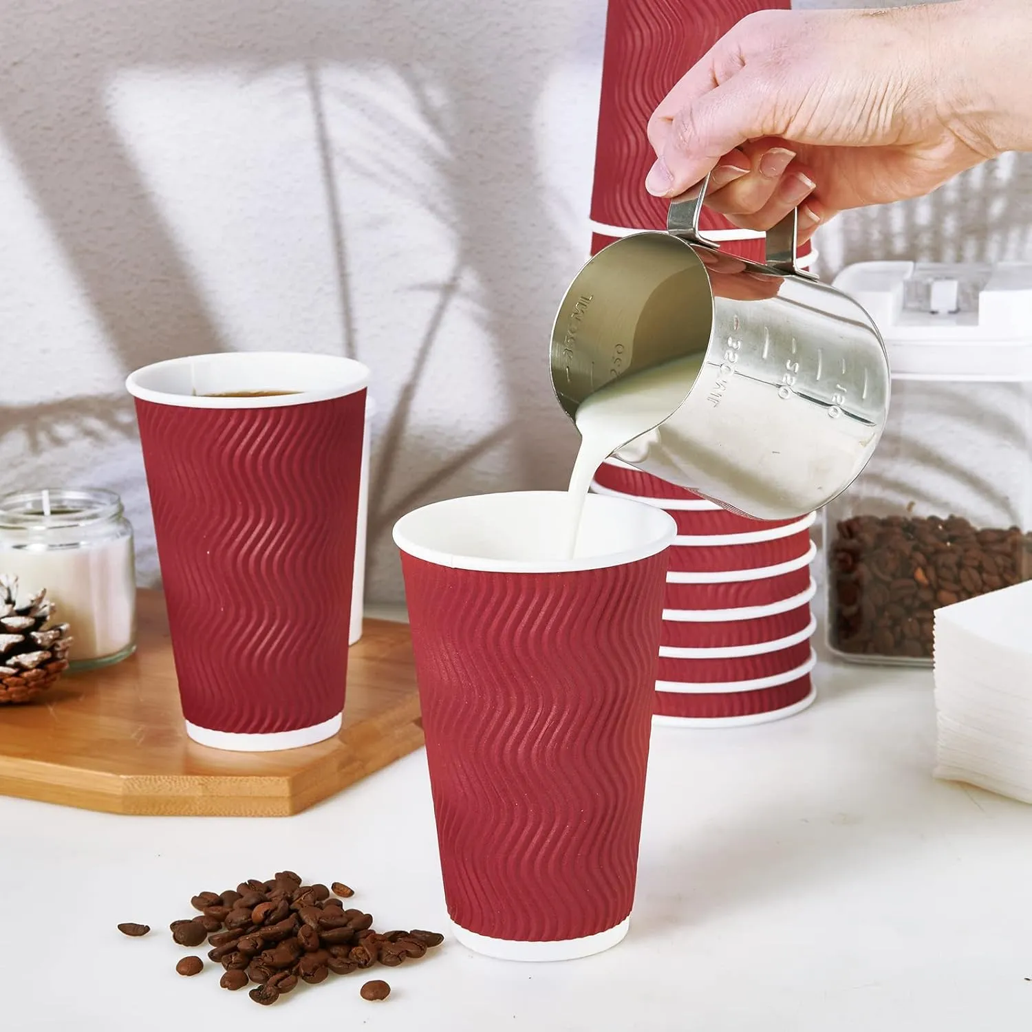 60 Pack 16 oz Paper Coffee Cups, Wine Red Disposable Beverage Cups with Insulated Ripple Wall for Coffee, Tea, and Hot Chocolate