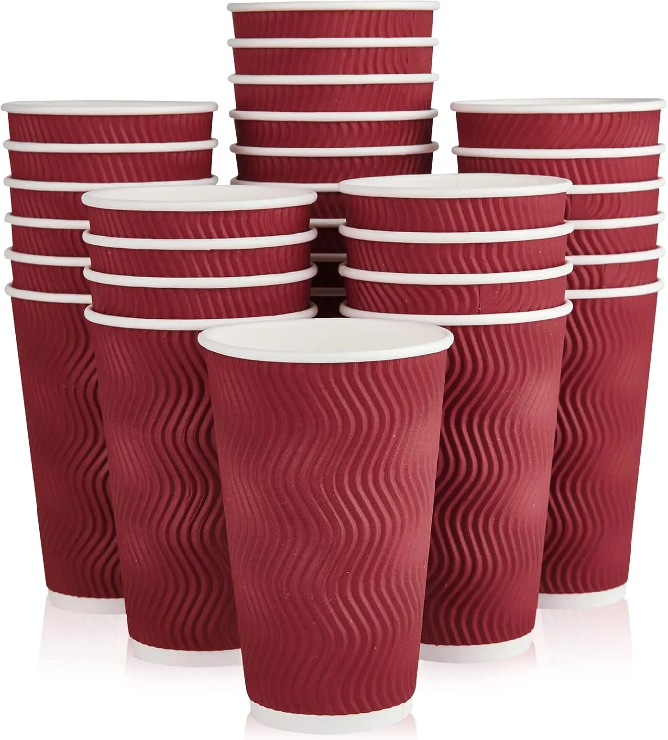 60 Pack 16 oz Paper Coffee Cups, Wine Red Disposable Beverage Cups with Insulated Ripple Wall for Coffee, Tea, and Hot Chocolate