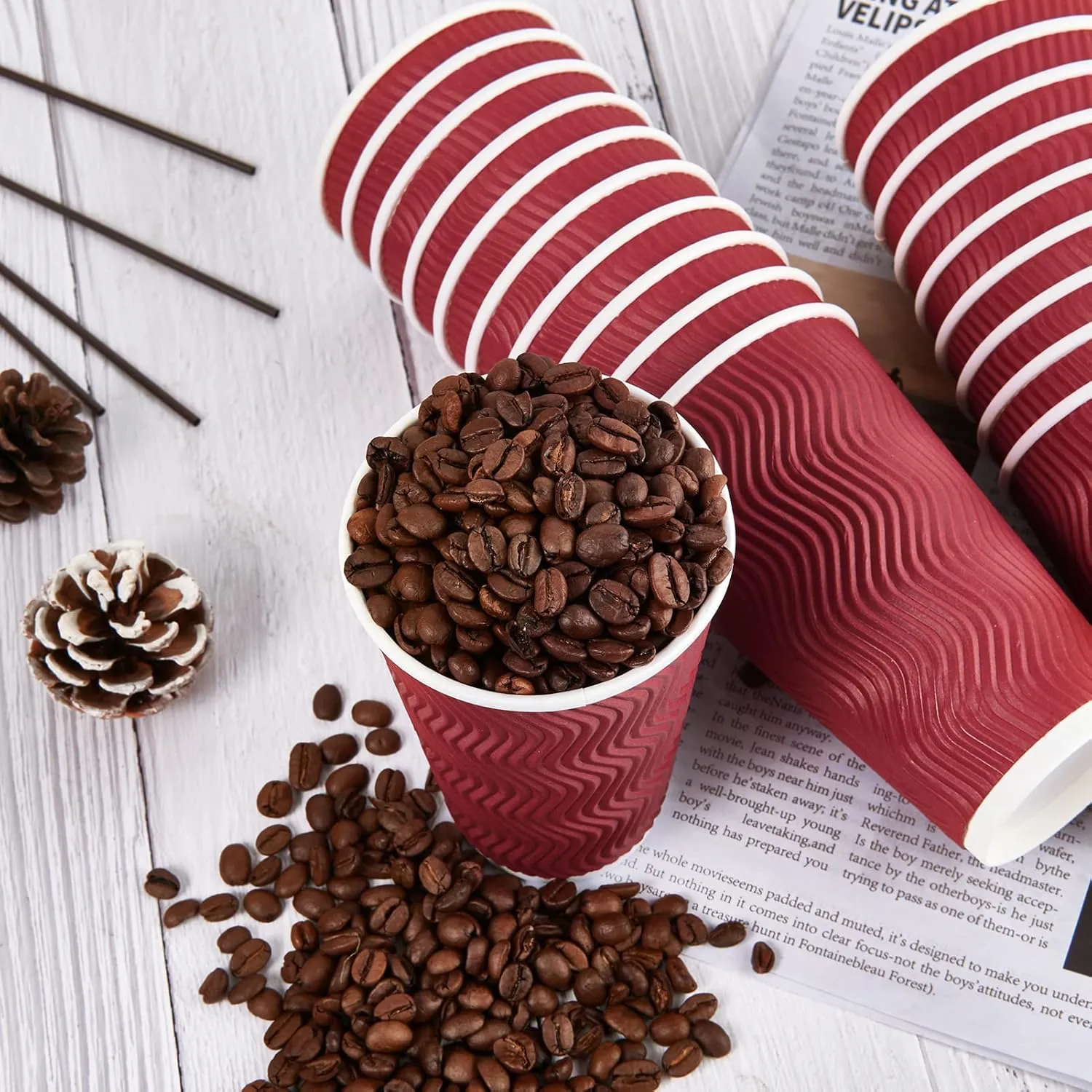 60 Pack 16 oz Paper Coffee Cups, Wine Red Disposable Beverage Cups with Insulated Ripple Wall for Coffee, Tea, and Hot Chocolate