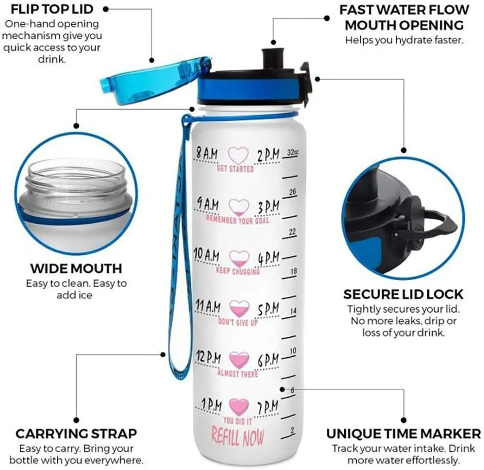 64HYDRO 32oz 1liter Rose Flower She Believed She Could so She Did Water Bottles with Time Marker, Motivational Water Tracker Bottle with Times to Drink for Home, Work, Gym, Fitness, Sports