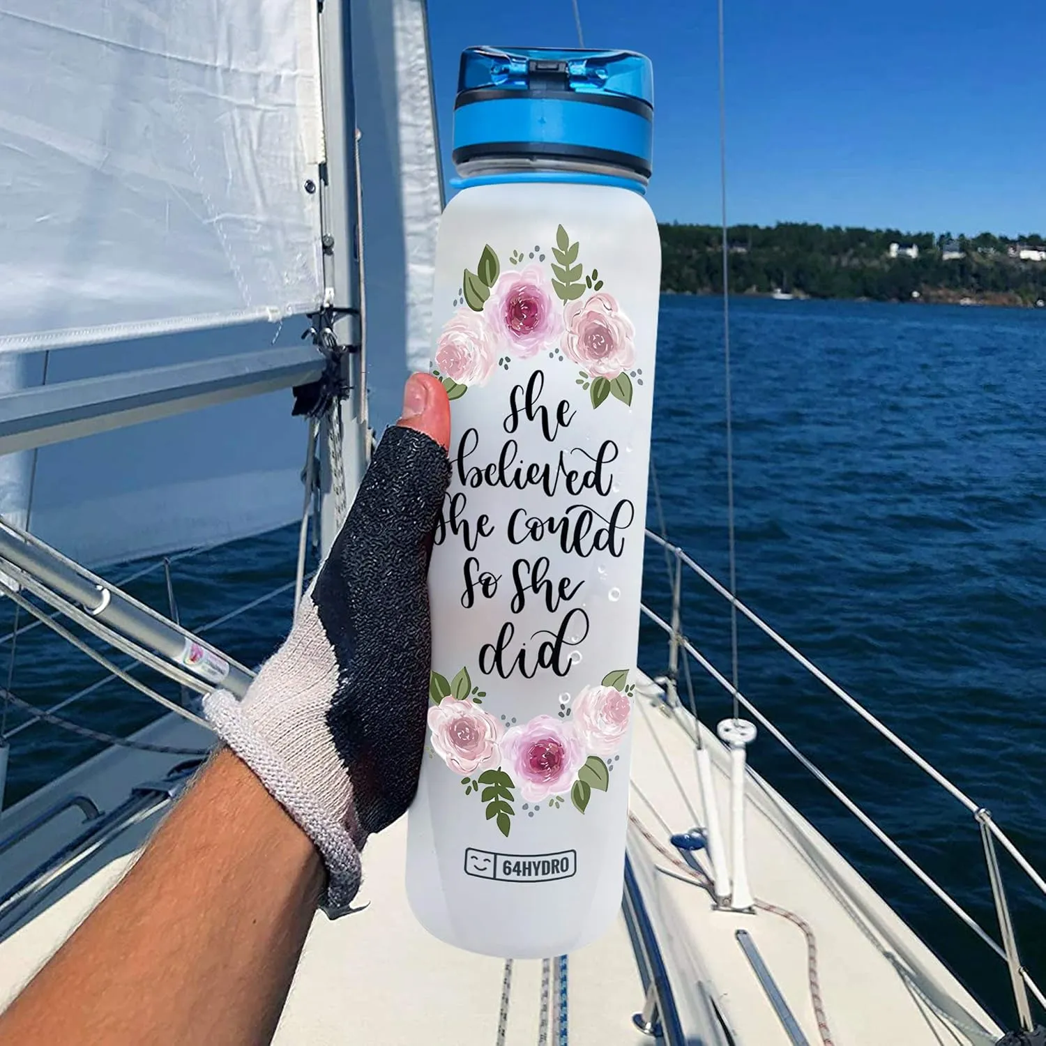 64HYDRO 32oz 1liter Rose Flower She Believed She Could so She Did Water Bottles with Time Marker, Motivational Water Tracker Bottle with Times to Drink for Home, Work, Gym, Fitness, Sports