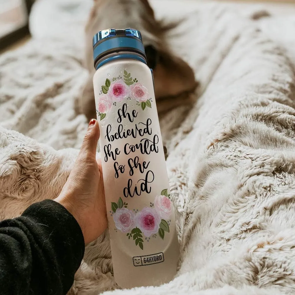 64HYDRO 32oz 1liter Rose Flower She Believed She Could so She Did Water Bottles with Time Marker, Motivational Water Tracker Bottle with Times to Drink for Home, Work, Gym, Fitness, Sports