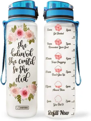 64HYDRO 32oz 1liter Rose Flower She Believed She Could so She Did Water Bottles with Time Marker, Motivational Water Tracker Bottle with Times to Drink for Home, Work, Gym, Fitness, Sports