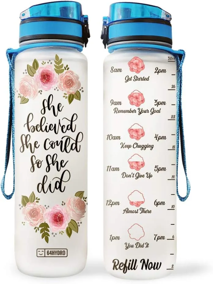 64HYDRO 32oz 1liter Rose Flower She Believed She Could so She Did Water Bottles with Time Marker, Motivational Water Tracker Bottle with Times to Drink for Home, Work, Gym, Fitness, Sports