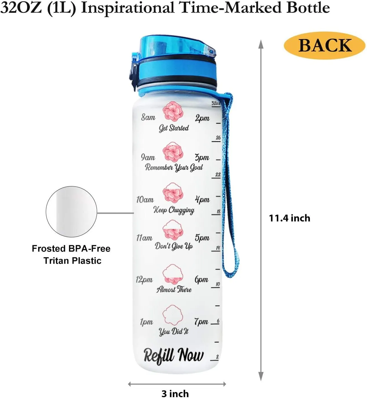 64HYDRO 32oz 1liter Rose Flower She Believed She Could so She Did Water Bottles with Time Marker, Motivational Water Tracker Bottle with Times to Drink for Home, Work, Gym, Fitness, Sports