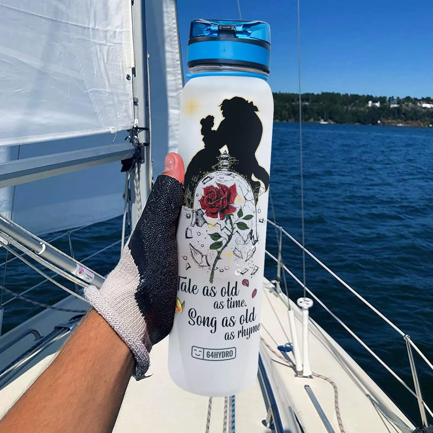 64HYDRO 32oz 1liter Rose Flower Tale as Old as Time Song as Old as Rhyme Water Bottles with Time Marker, Motivational Water Tracker Bottle with Times to Drink for Home, Work, Gym, Fitness, Sports
