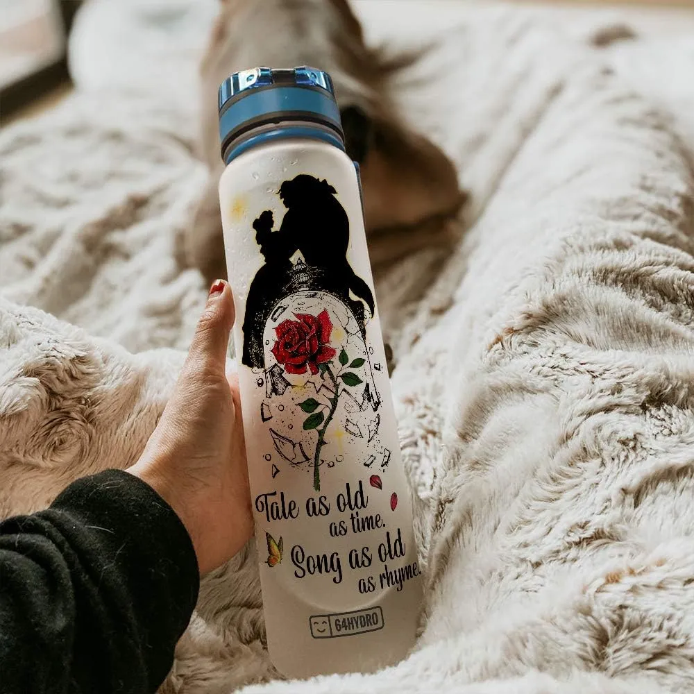 64HYDRO 32oz 1liter Rose Flower Tale as Old as Time Song as Old as Rhyme Water Bottles with Time Marker, Motivational Water Tracker Bottle with Times to Drink for Home, Work, Gym, Fitness, Sports