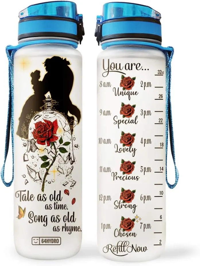 64HYDRO 32oz 1liter Rose Flower Tale as Old as Time Song as Old as Rhyme Water Bottles with Time Marker, Motivational Water Tracker Bottle with Times to Drink for Home, Work, Gym, Fitness, Sports