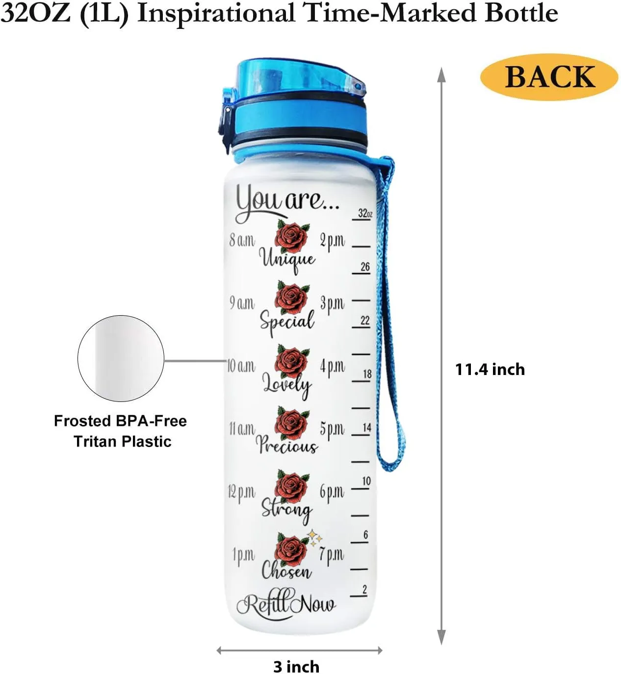64HYDRO 32oz 1liter Rose Flower Tale as Old as Time Song as Old as Rhyme Water Bottles with Time Marker, Motivational Water Tracker Bottle with Times to Drink for Home, Work, Gym, Fitness, Sports
