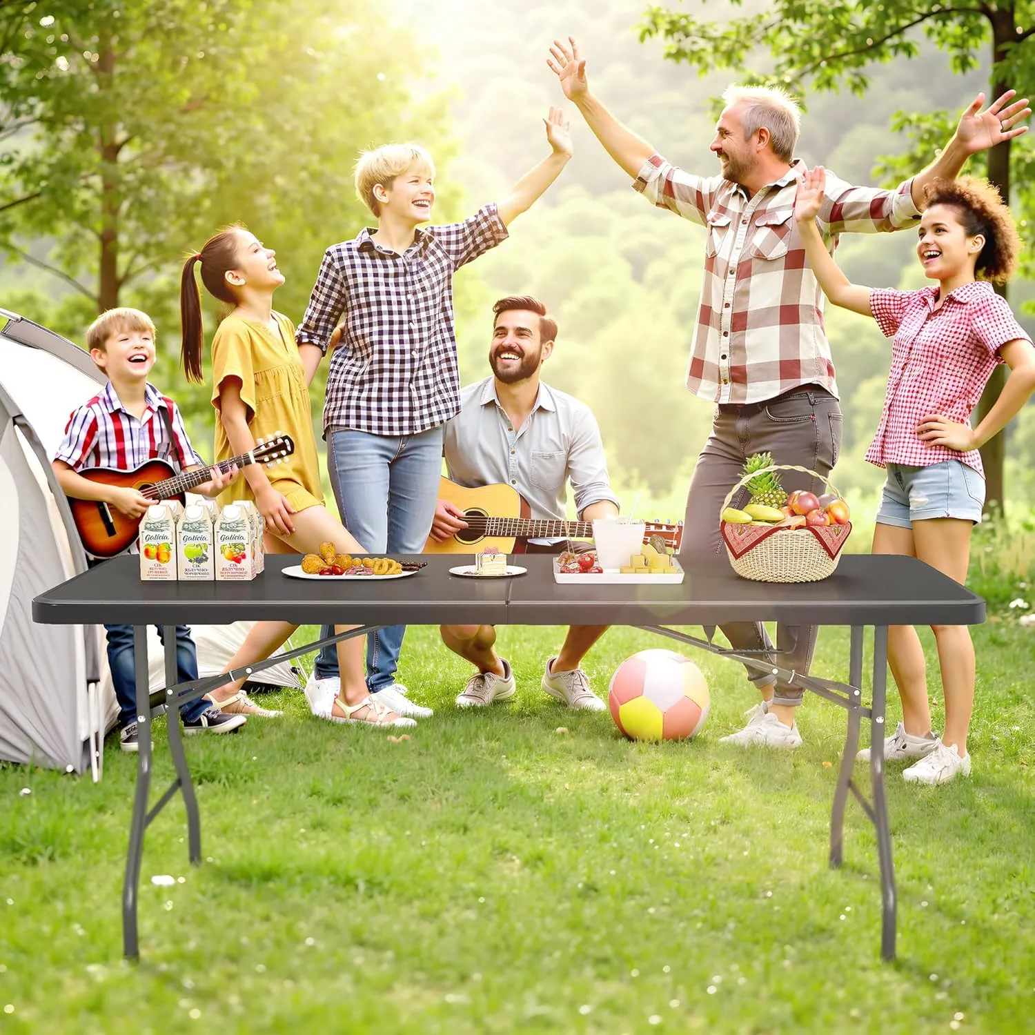 6FT Folding Table Black with Carry Handle – Heavy Duty Plastic Fold-in-Half Table with Lock, Portable Utility Table for Party, Dining, Camping, Picnic, Event Use(Black-A, 6FT)