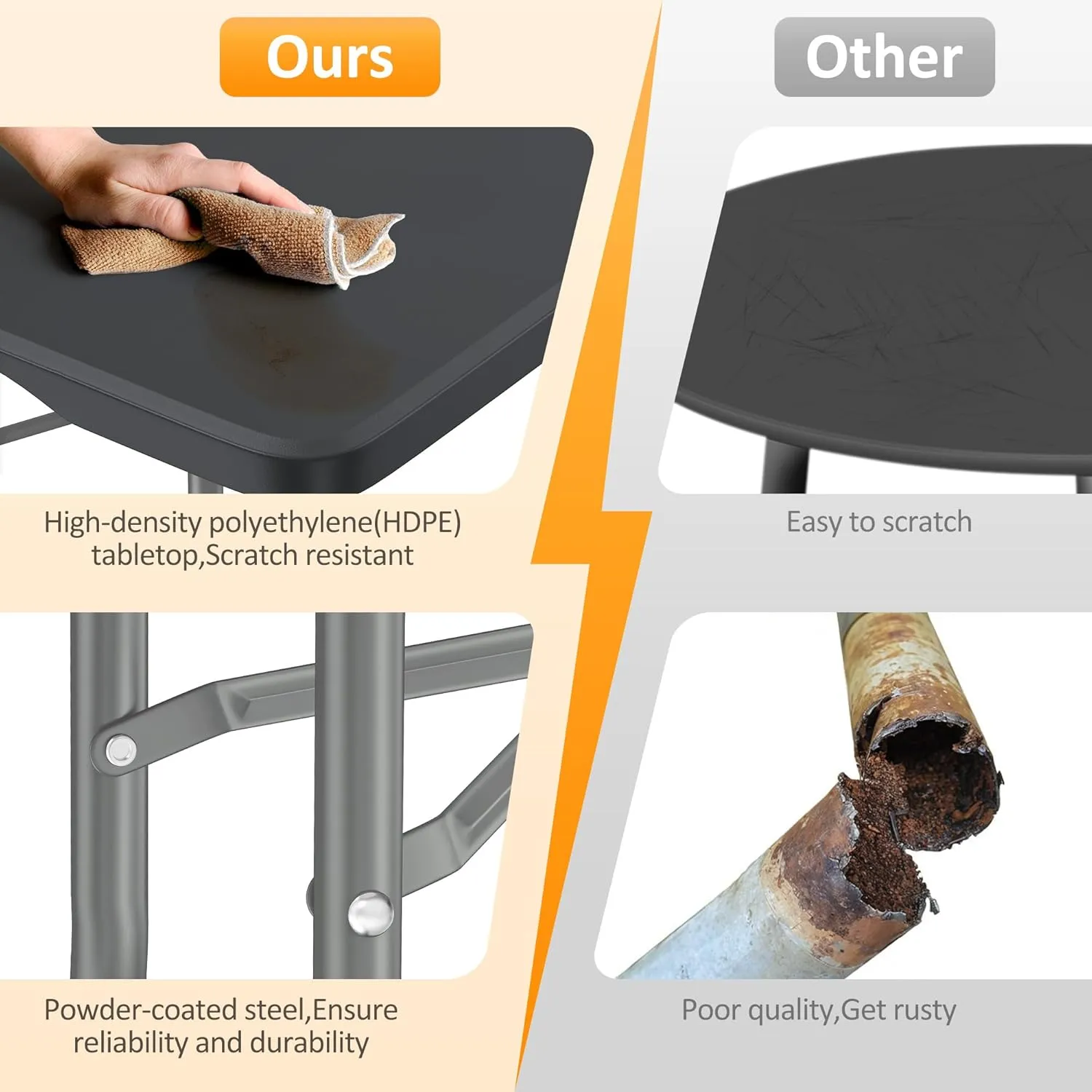 6FT Folding Table Black with Carry Handle – Heavy Duty Plastic Fold-in-Half Table with Lock, Portable Utility Table for Party, Dining, Camping, Picnic, Event Use(Black-A, 6FT)