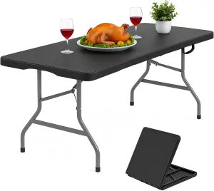 6FT Folding Table Black with Carry Handle – Heavy Duty Plastic Fold-in-Half Table with Lock, Portable Utility Table for Party, Dining, Camping, Picnic, Event Use(Black-A, 6FT)