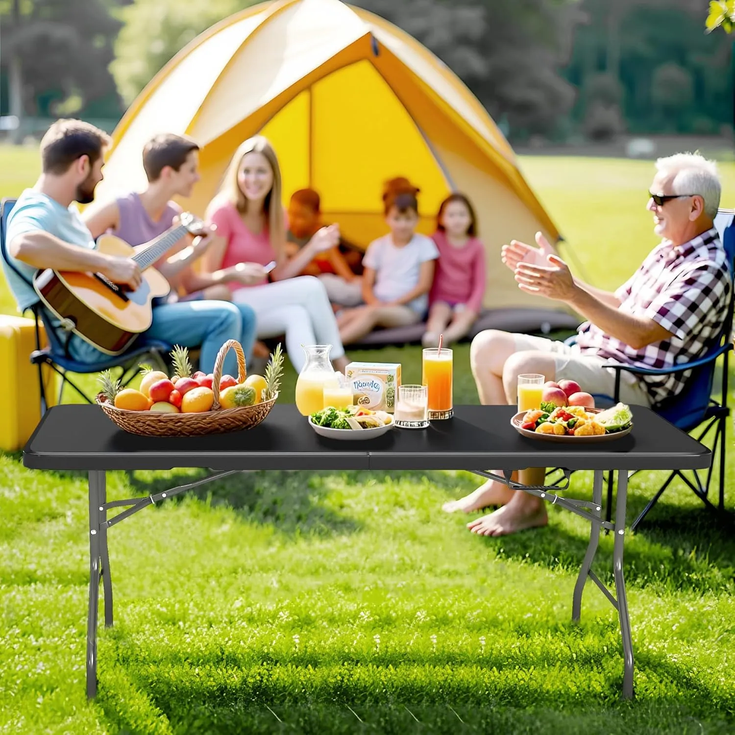 6FT Folding Table Black with Carry Handle – Heavy Duty Plastic Fold-in-Half Table with Lock, Portable Utility Table for Party, Dining, Camping, Picnic, Event Use(Black-A, 6FT)