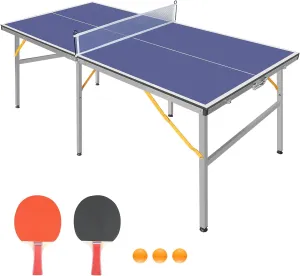 6ft Portable Table Tennis Table Set - Foldable Mid-Size Ping Pong Table with Net, 2 Paddles, and 3 Balls for Indoor & Outdoor Fun