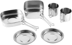 6Pcs Portable Stainl Steel Cam Cookware Set for Outdoor Picnic Cooking ¨C Includes Pan, Pot, Plate, Cup ¨C Lightweight & Outdoor Cam Pot & Pan Kit for Hiking, Backpacking, and Cam