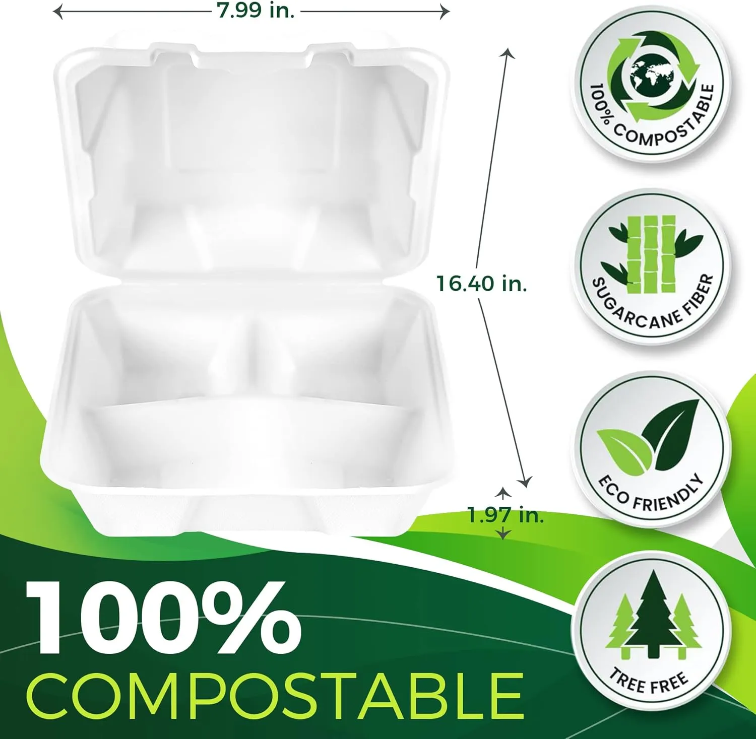 75 Pack Clamshell To Go Containers (3 Compartment - 8”x8”), Heavy Duty Disposable Take Out Containers with Lids, 100% Composatble Made of Plant Fiber, White