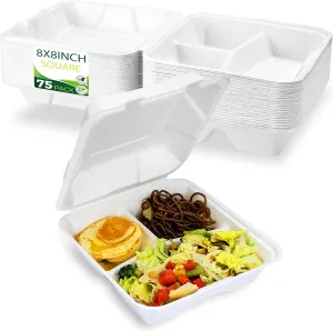 75 Pack Clamshell To Go Containers (3 Compartment - 8”x8”), Heavy Duty Disposable Take Out Containers with Lids, 100% Composatble Made of Plant Fiber, White
