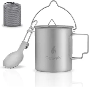 750ml Titanium Pot Portable Titanium Water Mug Cup with Lid and Foldable Handle for Camping Hiking Travelling Backpacking Camping Open Fire Outdoor Camping Cooking