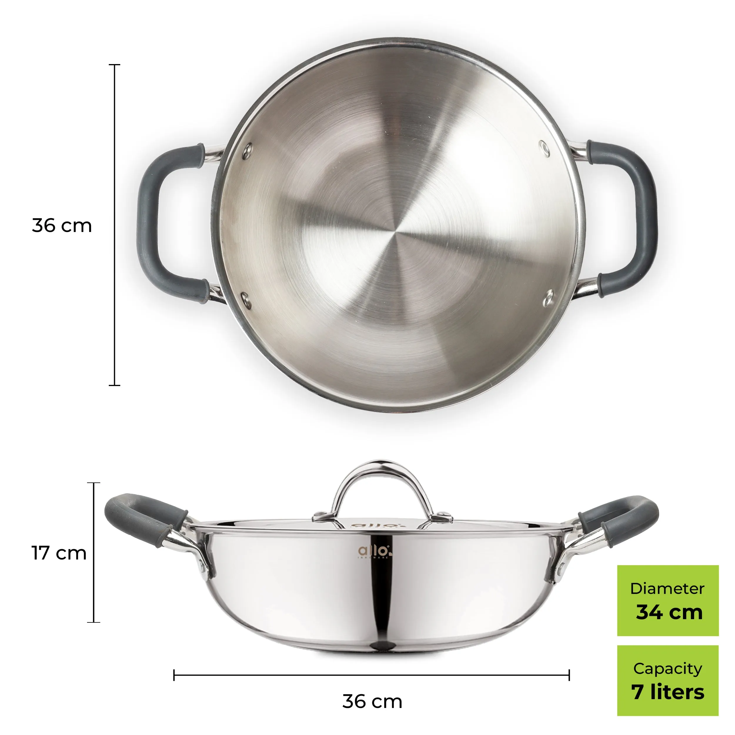 7.5L Allo CookSafe TriPly Kadhai | Stainless Steel | With Stainless Steel Lid | Induction Friendly | 34 cm