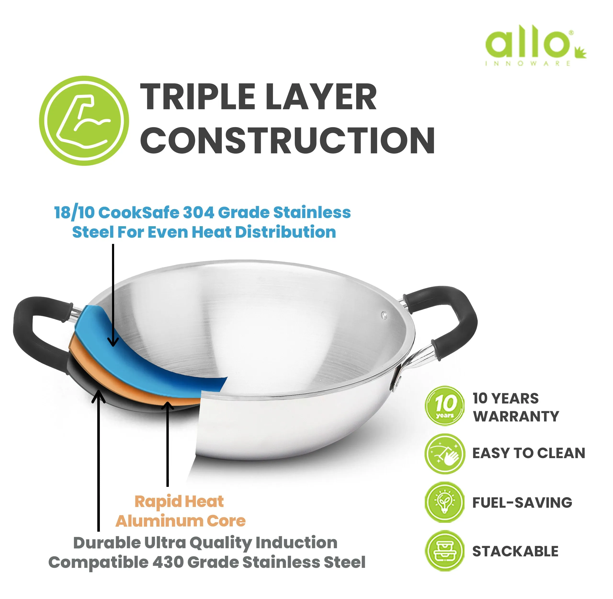 7.5L Allo CookSafe TriPly Kadhai | Stainless Steel | With Stainless Steel Lid | Induction Friendly | 34 cm