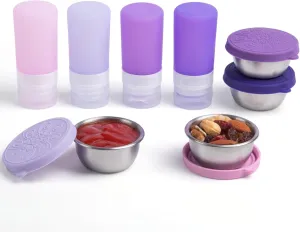 8-Pack Salad Dressing Container To Go, 2-oz Silicone Small Condiment Squeeze Bottles and 1.6 oz Stainless Steel Sauce Containers Cups, Leakproof Condiment Containers with Lids for Lunch Box