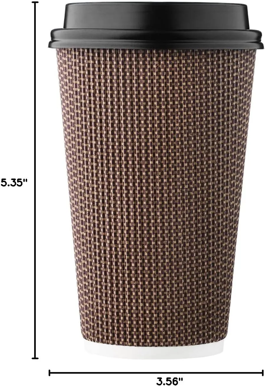 [85 SET]Harvest Pack 16 oz Disposable Coffee Cups, Insulated Ripple Double-Walled Paper Cups with Lids, Brown Geometric, Drinking Cups for Tea Hot Chocolate Drinks To go coffee cups