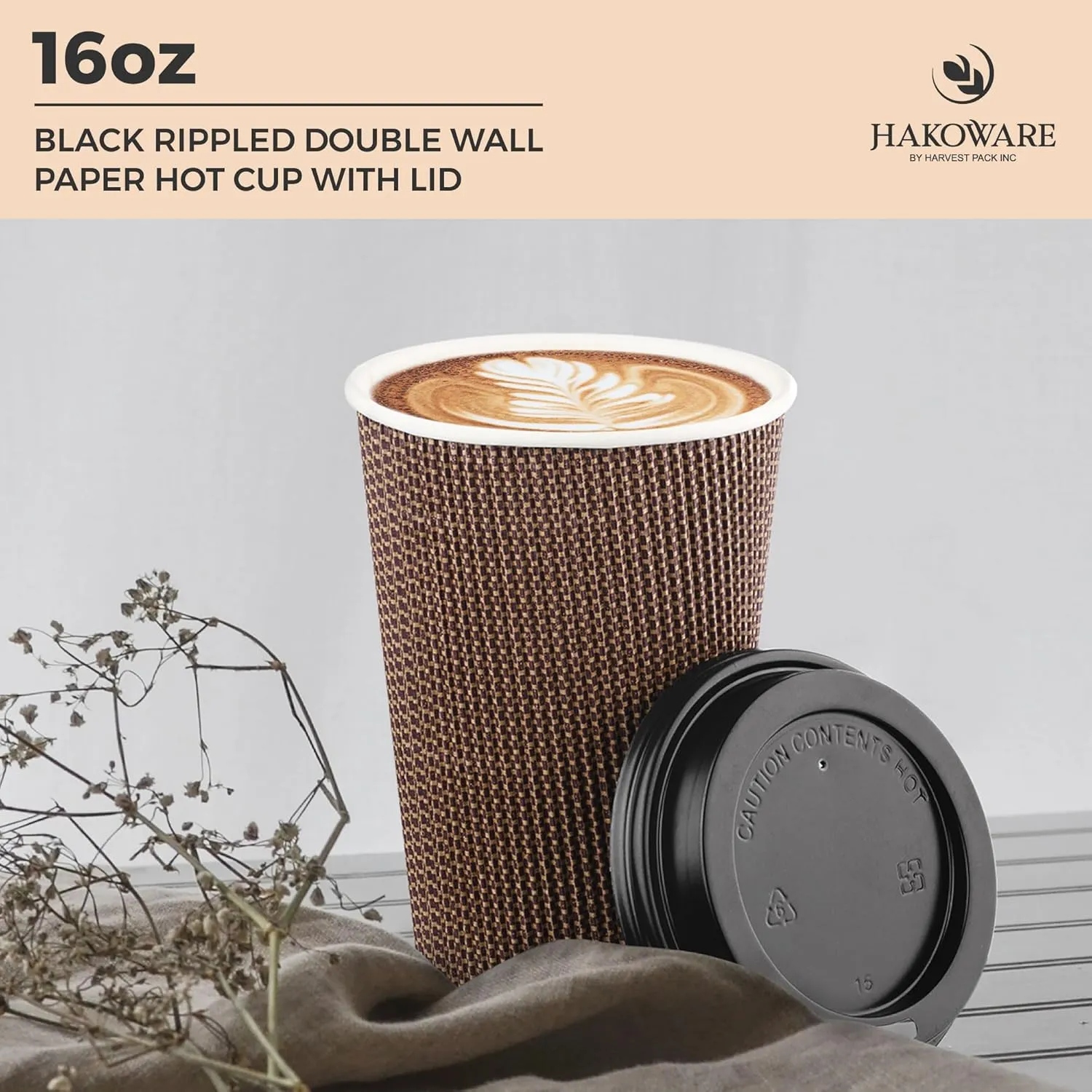 [85 SET]Harvest Pack 16 oz Disposable Coffee Cups, Insulated Ripple Double-Walled Paper Cups with Lids, Brown Geometric, Drinking Cups for Tea Hot Chocolate Drinks To go coffee cups