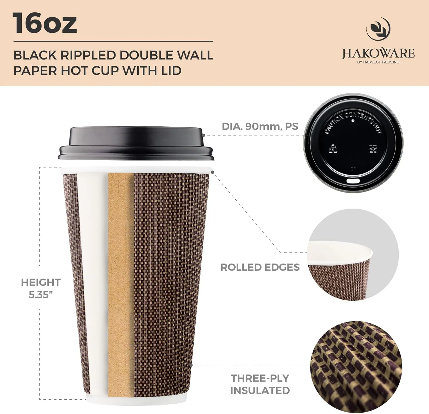 [85 SET]Harvest Pack 16 oz Disposable Coffee Cups, Insulated Ripple Double-Walled Paper Cups with Lids, Brown Geometric, Drinking Cups for Tea Hot Chocolate Drinks To go coffee cups