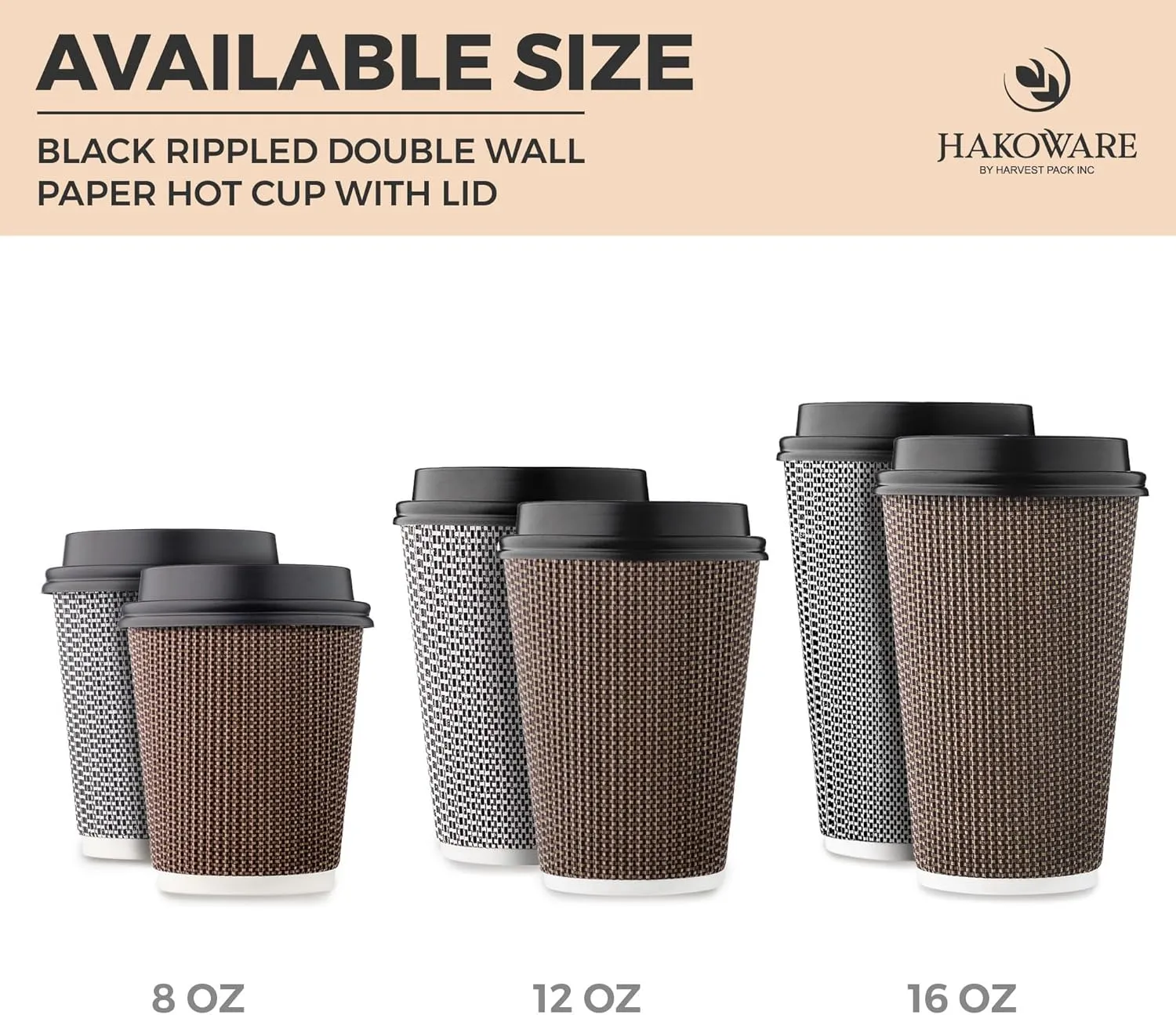 [85 SET]Harvest Pack 16 oz Disposable Coffee Cups, Insulated Ripple Double-Walled Paper Cups with Lids, Brown Geometric, Drinking Cups for Tea Hot Chocolate Drinks To go coffee cups