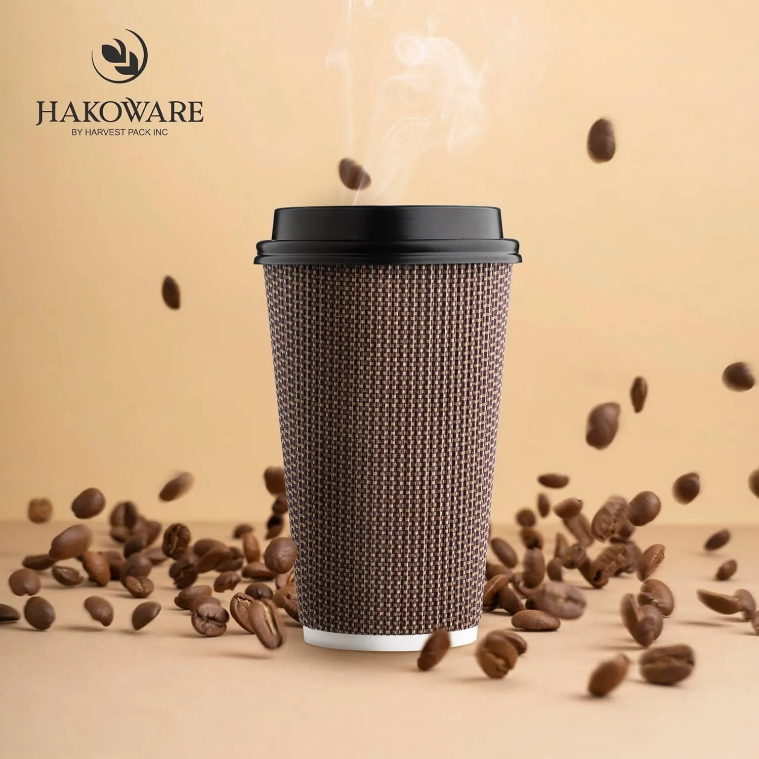 [85 SET]Harvest Pack 16 oz Disposable Coffee Cups, Insulated Ripple Double-Walled Paper Cups with Lids, Brown Geometric, Drinking Cups for Tea Hot Chocolate Drinks To go coffee cups