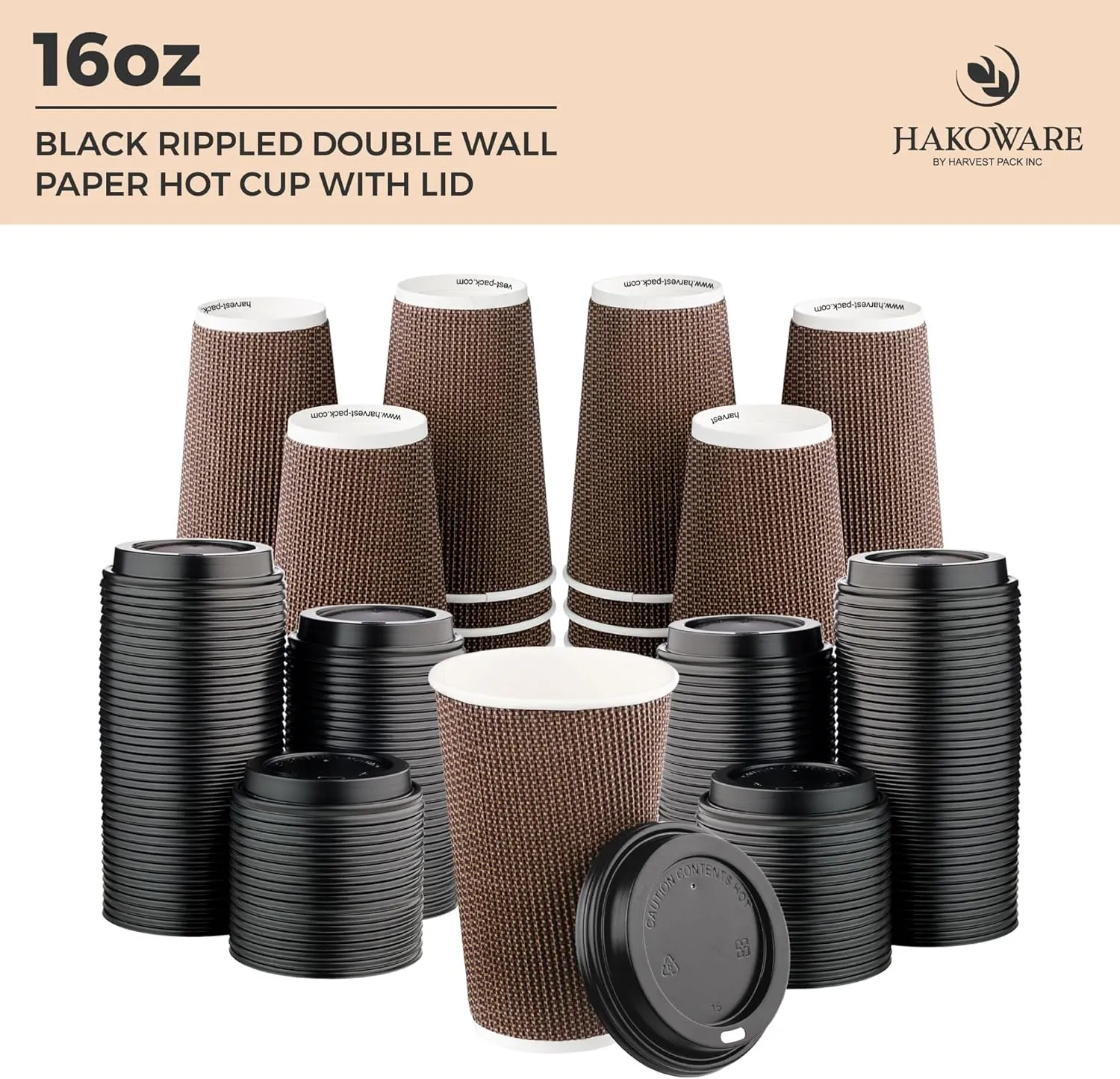 [85 SET]Harvest Pack 16 oz Disposable Coffee Cups, Insulated Ripple Double-Walled Paper Cups with Lids, Brown Geometric, Drinking Cups for Tea Hot Chocolate Drinks To go coffee cups