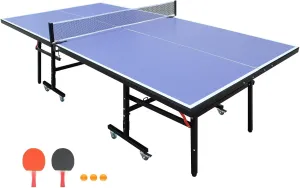 8ft Mid-Size Table Tennis Table Foldable & Portable Ping Pong Table Set for Indoor Games with Net, 2 Table Tennis Paddles and 3 Balls