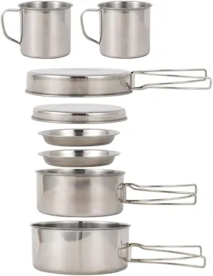 8pcs Stainless Steel Camping Cookware Mess Kit Camping Cooking Set Backpacking Gear Lightweight Pots and Pans Set with Drinking Cups and Plates for Camping Hiking Picnic