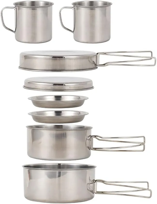 8pcs Stainless Steel Camping Cookware Mess Kit Camping Cooking Set Backpacking Gear Lightweight Pots and Pans Set with Drinking Cups and Plates for Camping Hiking Picnic