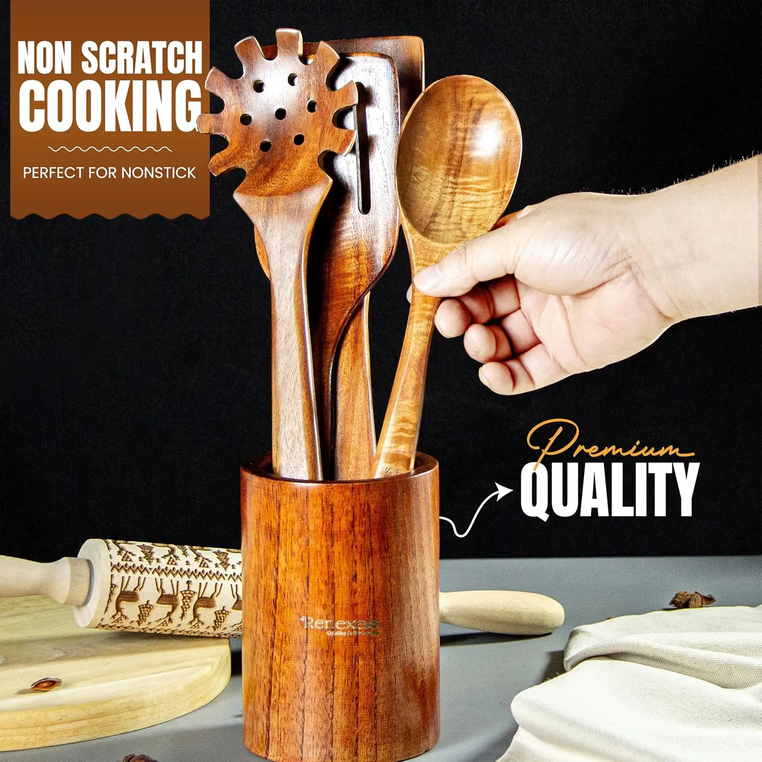 9 Pcs Wooden Spoons for Cooking Utensils, Natural Teak Wooden Cooking Spoons with Nonstick Spatula Set, Bamboo Kitchen Utensils With Holder, Wood Spoon Set for Kitchen Essentials