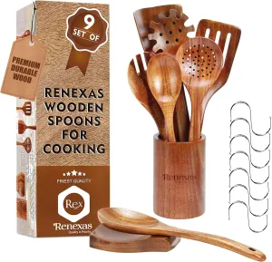 9 Pcs Wooden Spoons for Cooking Utensils, Natural Teak Wooden Cooking Spoons with Nonstick Spatula Set, Bamboo Kitchen Utensils With Holder, Wood Spoon Set for Kitchen Essentials