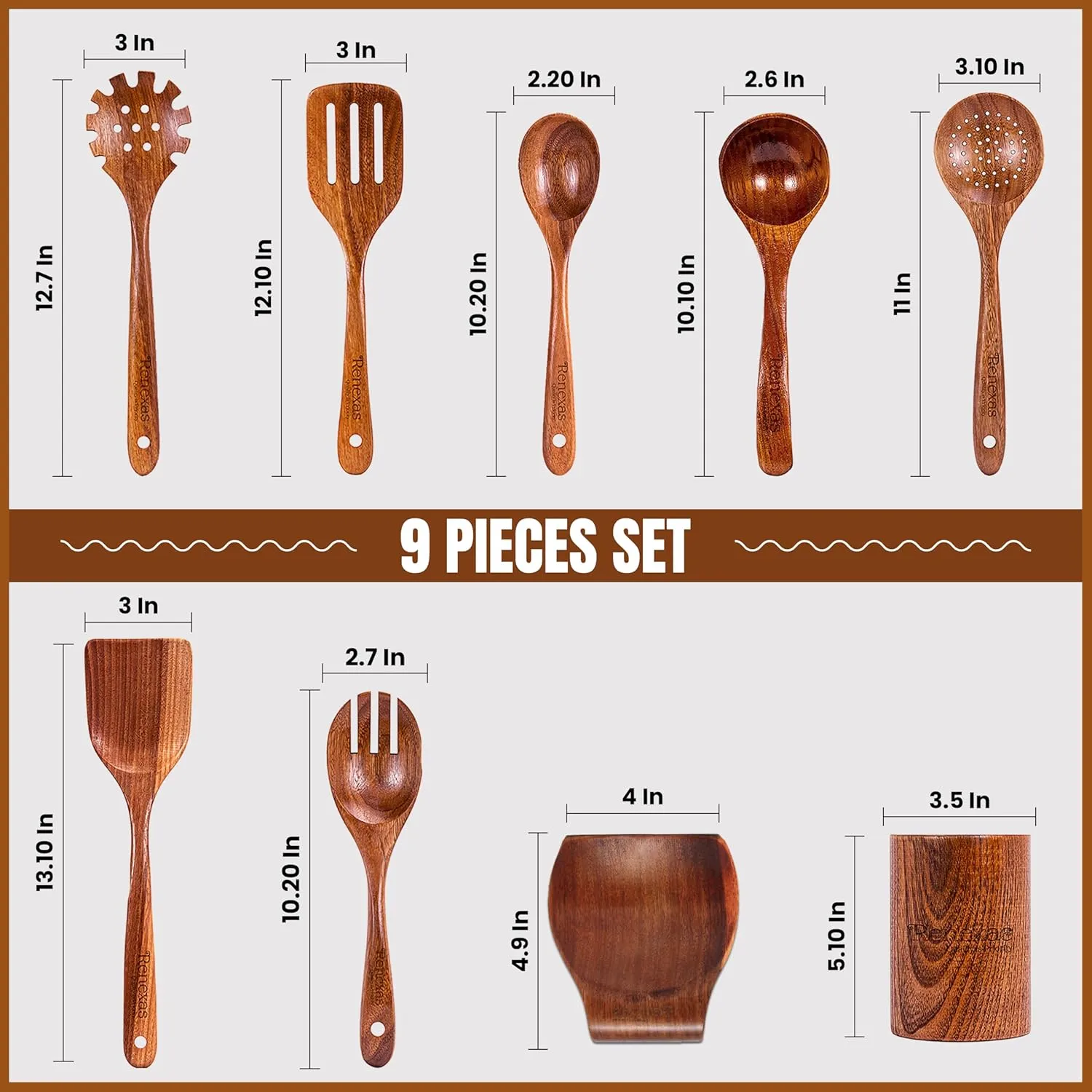 9 Pcs Wooden Spoons for Cooking Utensils, Natural Teak Wooden Cooking Spoons with Nonstick Spatula Set, Bamboo Kitchen Utensils With Holder, Wood Spoon Set for Kitchen Essentials