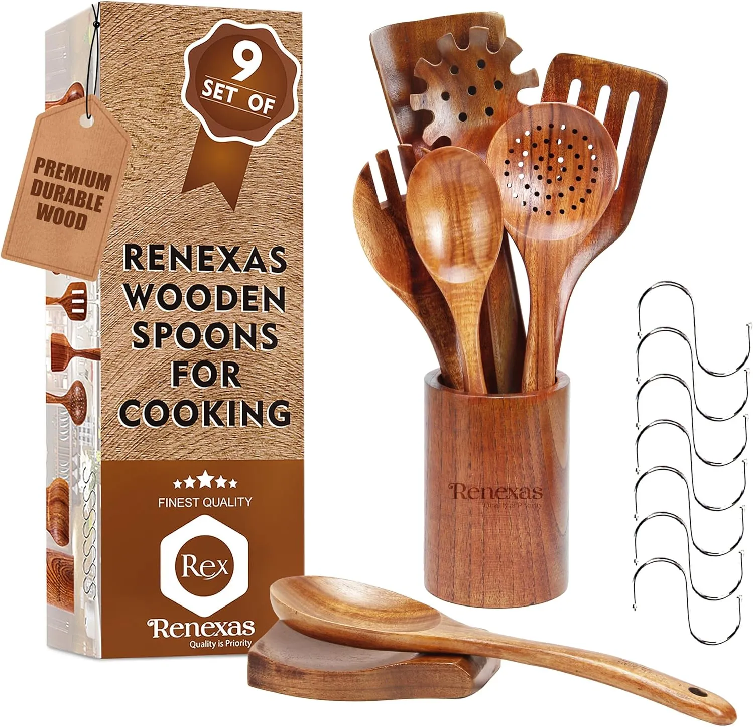 9 Pcs Wooden Spoons for Cooking Utensils, Natural Teak Wooden Cooking Spoons with Nonstick Spatula Set, Bamboo Kitchen Utensils With Holder, Wood Spoon Set for Kitchen Essentials