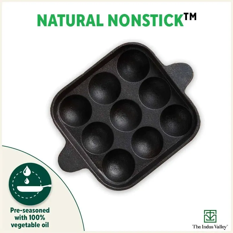 9 Pit/Cup CASTrong Cast Iron Paniyaram/Appe Pan  Free Spatula, Pre-seasoned, Natural Nonstick, 100% Pure, Toxin-free, 24 cm, 1.34 kg