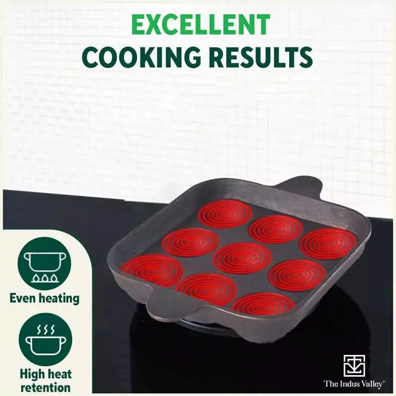 9 Pit/Cup CASTrong Cast Iron Paniyaram/Appe Pan  Free Spatula, Pre-seasoned, Natural Nonstick, 100% Pure, Toxin-free, 24 cm, 1.34 kg