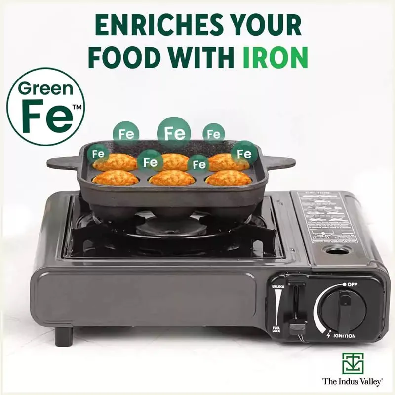 9 Pit/Cup CASTrong Cast Iron Paniyaram/Appe Pan  Free Spatula, Pre-seasoned, Natural Nonstick, 100% Pure, Toxin-free, 24 cm, 1.34 kg