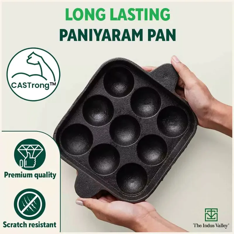 9 Pit/Cup CASTrong Cast Iron Paniyaram/Appe Pan  Free Spatula, Pre-seasoned, Natural Nonstick, 100% Pure, Toxin-free, 24 cm, 1.34 kg