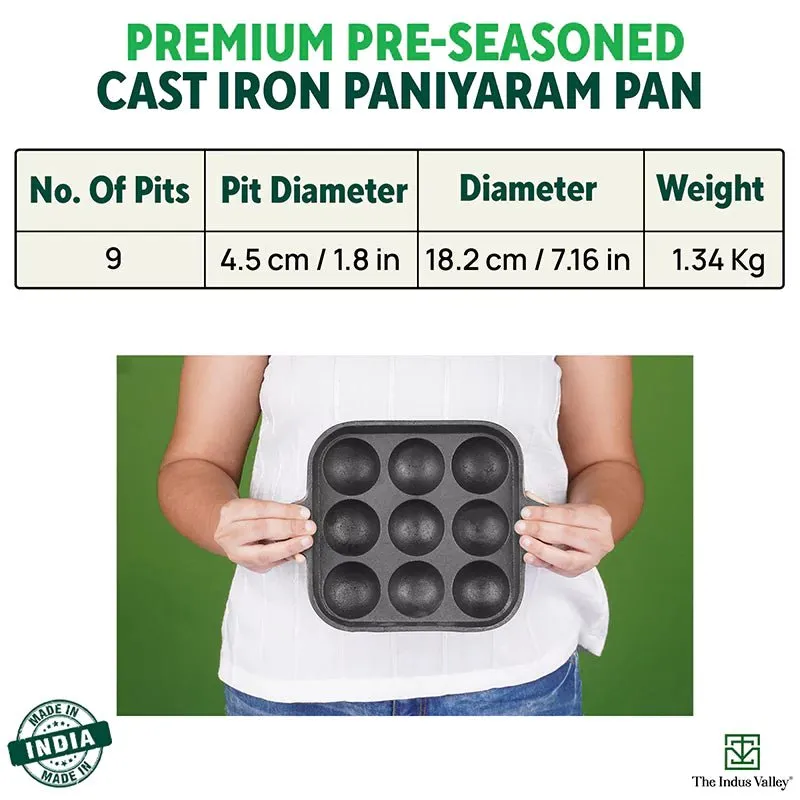 9 Pit/Cup CASTrong Cast Iron Paniyaram/Appe Pan  Free Spatula, Pre-seasoned, Natural Nonstick, 100% Pure, Toxin-free, 24 cm, 1.34 kg