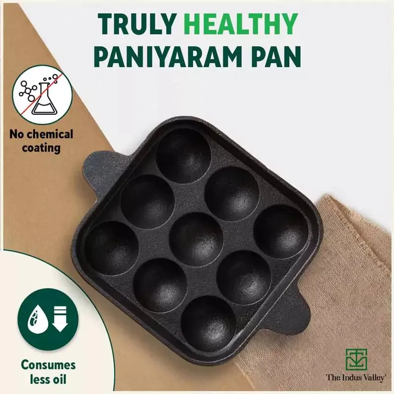 9 Pit/Cup CASTrong Cast Iron Paniyaram/Appe Pan  Free Spatula, Pre-seasoned, Natural Nonstick, 100% Pure, Toxin-free, 24 cm, 1.34 kg