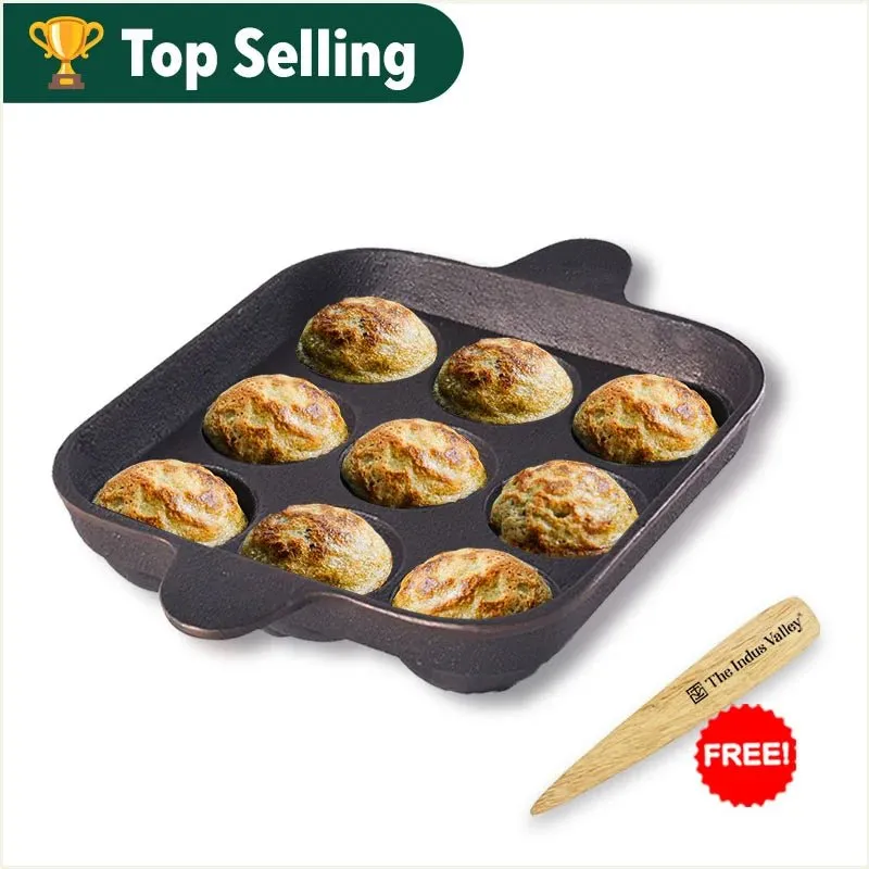 9 Pit/Cup CASTrong Cast Iron Paniyaram/Appe Pan  Free Spatula, Pre-seasoned, Natural Nonstick, 100% Pure, Toxin-free, 24 cm, 1.34 kg