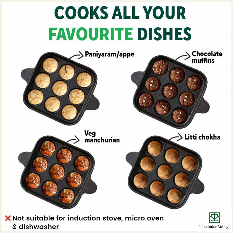 9 Pit/Cup CASTrong Cast Iron Paniyaram/Appe Pan  Free Spatula, Pre-seasoned, Natural Nonstick, 100% Pure, Toxin-free, 24 cm, 1.34 kg