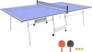 9ft Foldable Mid-Size Table Tennis Table – Portable Indoor Ping Pong Set with Net, 2 Paddles & 3 Balls (Blue) – Easy Storage & Quick Setup