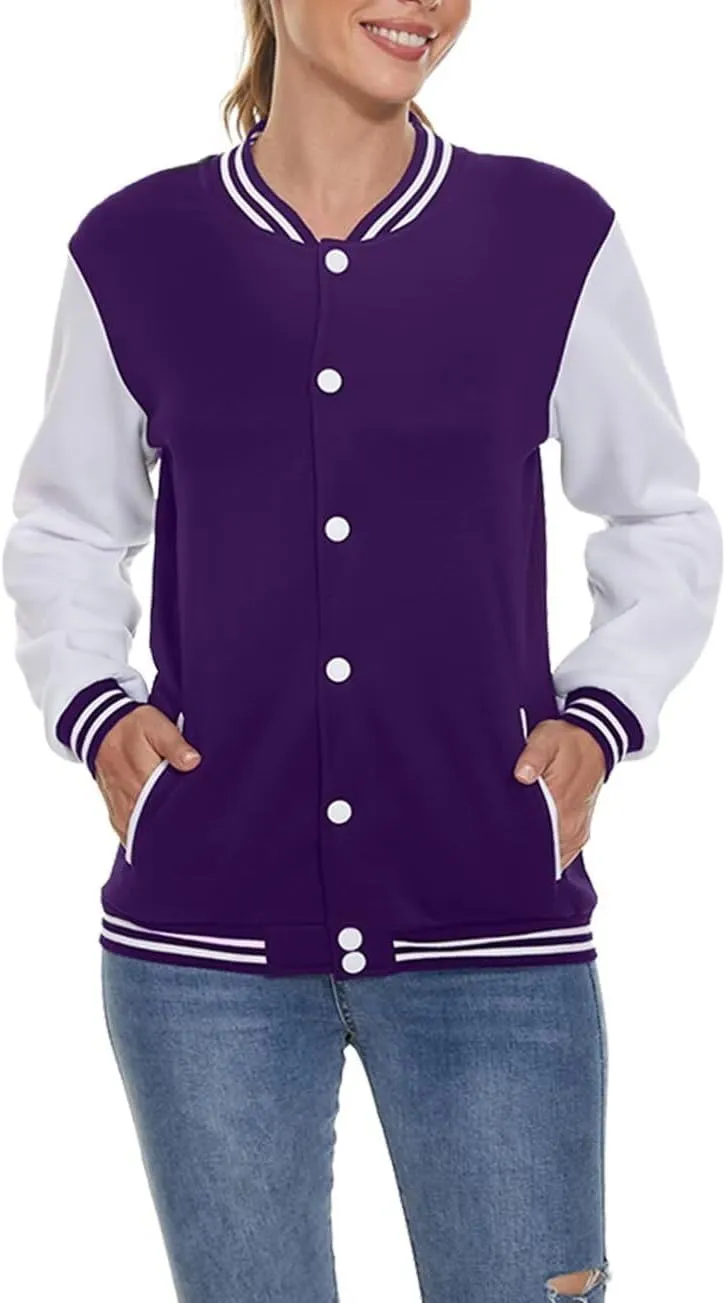 ACEFAST INC Women's Varsity Jacket Baseball Uniform Casual Long Sleeve Sport Bomber Jacket Coat